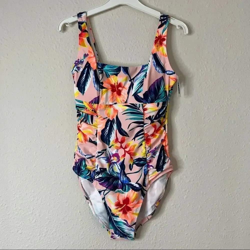 Old Navy Square Neck One Piece Tropical Floral Print Swimsuit Size Small